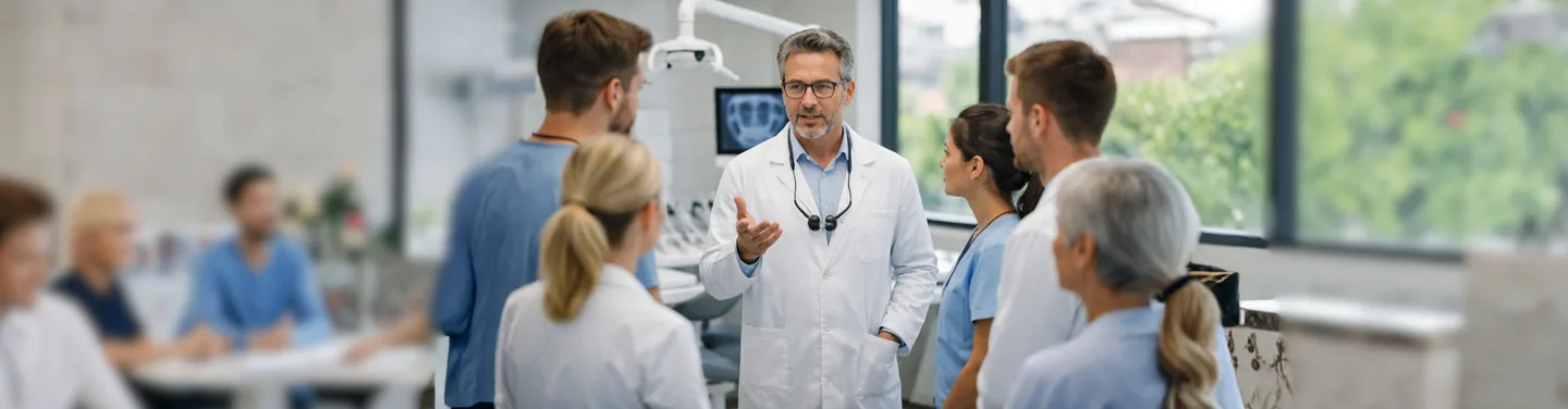 Líder conversando com equipe no consultório odontológico